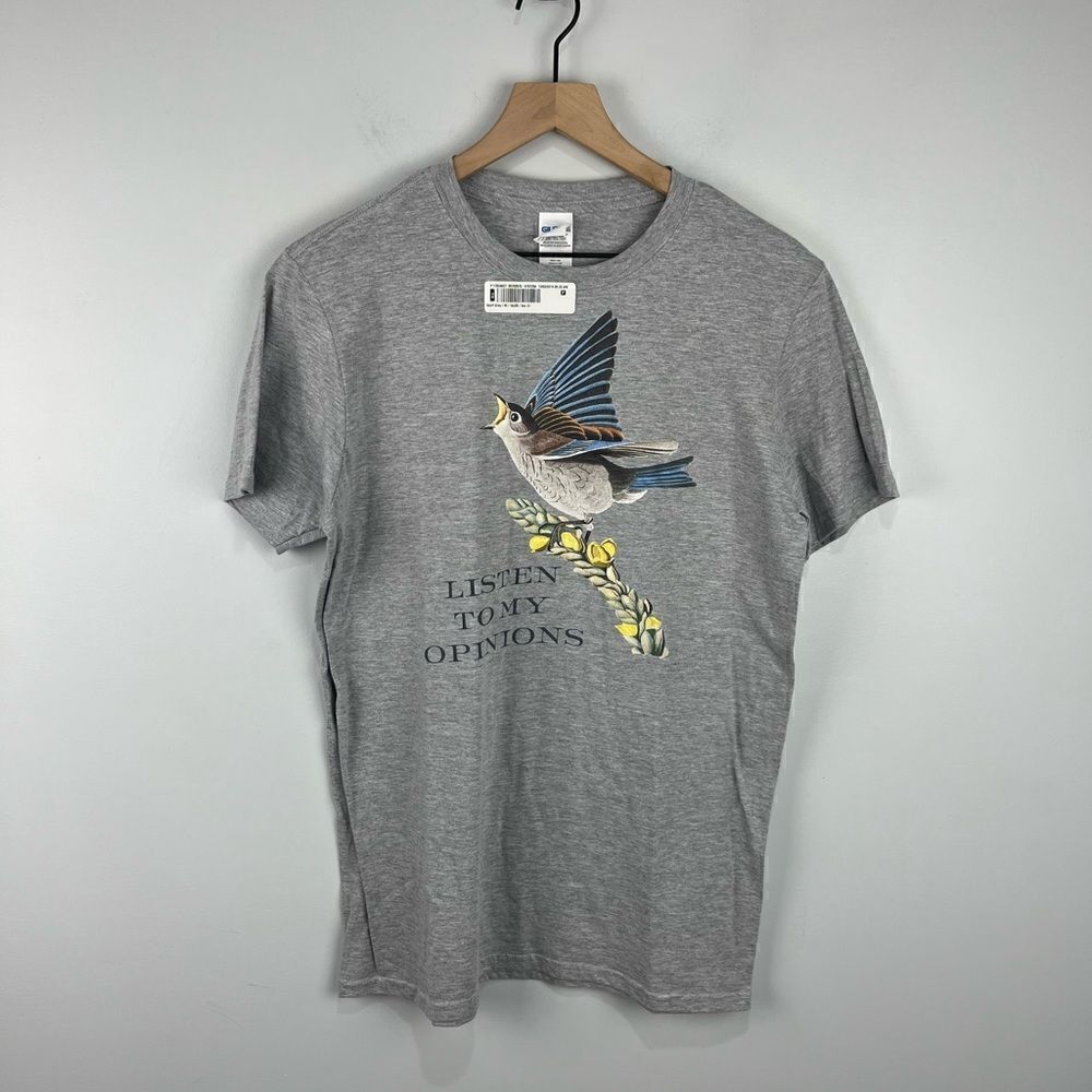 Gildan Soft Style Grey Bird Listen to My Opinions T Shirt M NWT